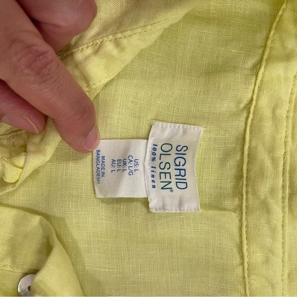 Sigrid Olsen Pop Over Blouse Women’s L Linen Yellow Rolled Sleeves Shirt Tunic - Picture 6 of 11